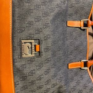 Navy Blue Denim and leather brown trim.